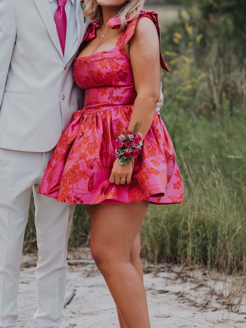 B Darlin Fuchsia Floral Fit-and-Flare Party Dress with Bow Straps